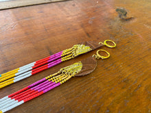 Load image into Gallery viewer, Gold leaf, leather, and fringe earrings 4627