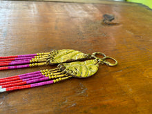 Load image into Gallery viewer, Gold leaf, leather, and fringe earrings 4626
